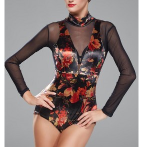 Green red gold black floral velvet long sleeves mesh see through patchwork fashion competition women's latin ballroom dance leotards tops bodysuits