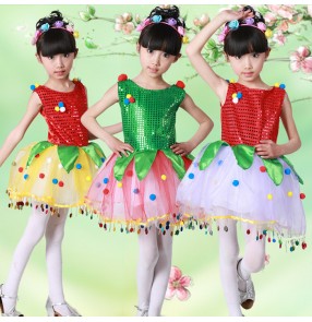 Green red yellow sequins pailette glitter fashion girls kids children petal modern dance jazz singer dancers performance cosplay jazz dance dresses outfits