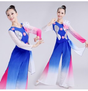 Green royal blue turquoise white women's gradient colored traditional Chinese folk dance yangko fan fairy dancing costumes outfits clothes