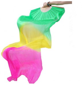 Green yellow fuchsia gradient colored long length women's girls indian Egypt belly dance silk fans accessories 1.8m