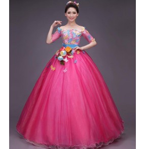 Hot pink fuchsia turquoise butterfly appliques half sleeves big skirted women's chorus singers party cos play performance modern dancer dancing long dresses 