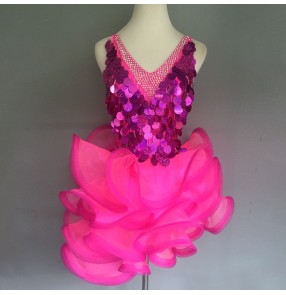 Hot pink green fuchsia paillette sequins performance high quality handmade competition girls latin salsa dance dresses