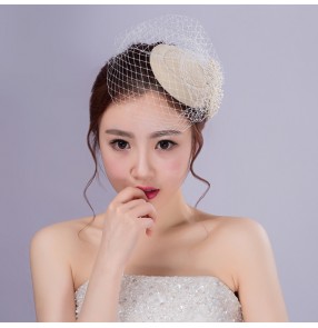 Ivory wool beaded bowknot elegant handmade women's fashion cocktail wedding party bridal brides church pillbox veil top hats fedoras