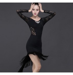 Lace patchwork long sleeves fashion rhinestones competition stage performance women's ladies latin salsa cha cha dance dresses