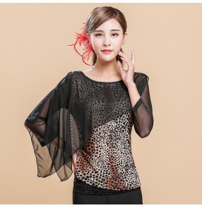 Leopard black printed patchwork mesh sleeves competition stage performance ballroom latin salsa dancing tops blouses