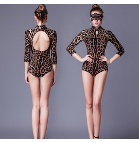 Leopard black red backless long sleeves fashion women's ladies competition performance latin salsa dance tops leotards