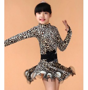 Leopard brown zebra printed girls kids children competition performance fringes latin  salsa cha cha dance dresses