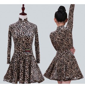 Leopard printed long sleeves round neck competition professional girls kids children latin salsa dance leotards dresses