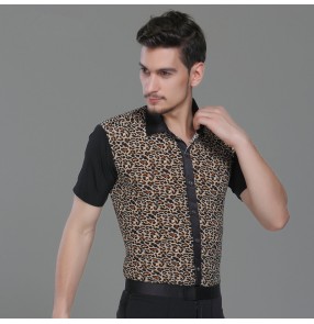 Leopard printed patchwork short sleeves fashion men's male competition practice latin ballroom dance tops shirts