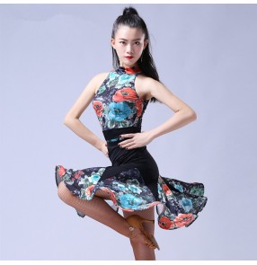 Light blue floral printed halter neck competition performance women's ladies salsa latin dance dresses outfits costumes