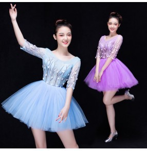 Light blue purple violet half sleeves fashion women's girls stage performance modern dance puff skirted  party evening dancing dresses outfits