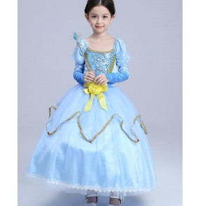 Light blue sequins long sleeves velvet girls kids children toddlers princess stage performance fairy cosplay party singer dancing dresses