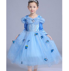 Light blue velvet long sleeves girls kids children stage performance jazz singer princess chorus fairy party cosplay dancing dresses outfits
