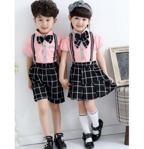 Light pink black and white plaid patchwork England style girls boys kids children kindergarten school chorus play performance outfits costumes