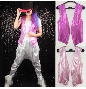 Light pink silver purple sequins paillette fashion girls women's female competition glitter stage performance hip hop jazz singer dancing vest waistcoat