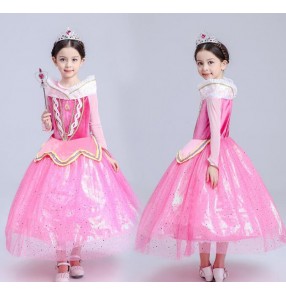 Light pink Velvet long sleeves girls kids children princess toddlers growth fairy Christmas party evening cosplay dancing dresses outfits costumes