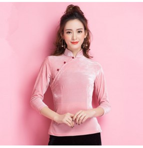 Light pink velvet long sleeves stand collar competition performance ballroom latin dancing tops 