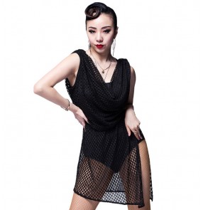 Mesh see through v neck fashion sexy women's ladies adult competition exercises senior performance latin salsa dance leotards dresses