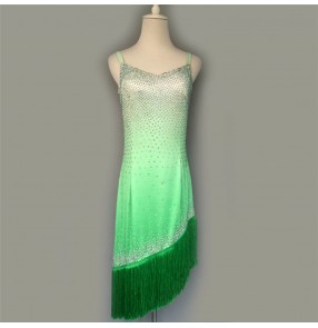Mint light green gradient colors diamond rhinestones handmade fringes girls women's competition latin dance dresses