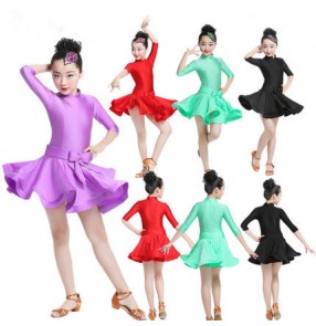 Mint red black purple violet half sleeves turtle neck girls kids children gymnastics competition latin salsa dance dresses outfits