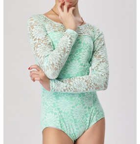 Mint royal blue light green lace patchwork long sleeves girls kids children gymnastics exercises latin ballroom dance tops leotards bodysuits