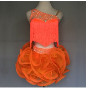 Multi colors neon orange fuchsia turquoise handmade custom size rhinestones fringes girls kids children competition latin dance dresses 