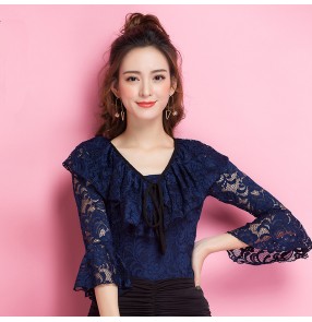 Navy blue lace ruffles neck v neck competition performance girls women's ballroom salsa latin dance tops