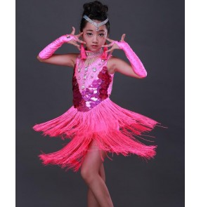 Neon Fuchsia hot pink sequins fringes handmade rhinestones competition girls school contest performance latin salsa cha cha dance dresses