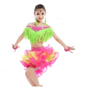 Neon green and fuchsia hot pink patchwork fringes rhinestones handmade luxury competition girls children latin salsa dance dresses outfits
