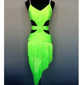 Neon green backless competition luxury performance girls women's latin dance dresses