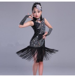 Neon green black red rhinestones diamond competition handmade competition girls latin dance dresses 