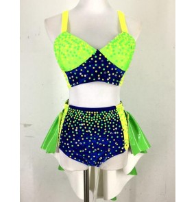 Neon green diamond rhinestones fashion sexy girls women's performance jazz singer cosplay dance outfits costumes