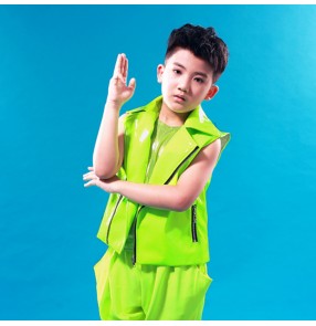 Neon green fluorescent sleeveless lapel collar boys kids children fashion jazz hip hop dancers drummer performance dance vests waistcoats