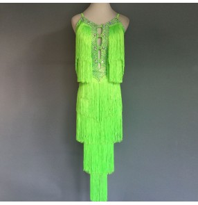 Neon green fringes tassels competition handmade rhinestones girls women's latin dance dresses