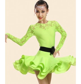 Neon green fuchsia hot pink black lace long sleeves gymnastics competition performance latin salsa dance dresses outfits