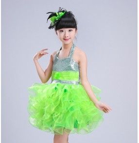 Neon green fuchsia hot pink red royal blue sequins paillette modern dance girls kids children jazz singers dancers performance dance dresses outfits