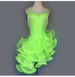Neon green glitter rhinestones competition girls women's performance ballroom latin dance dresses 