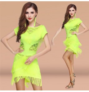 Neon green lace patchwork fringes sexy fashion girls women's samba rumba salsa cha cha latin dance dresses