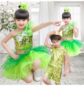 Neon green sequins flower girls boys modern dance jazz singers dancers school performance outfits costumes