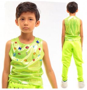 Neon green shiny glitter boys kids children toddlers fashion hip hop jazz modern dance performance cosplay stage vest tops