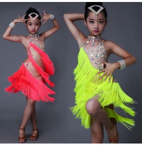 Neon green yellow coral fringes rhinestones diamond competition girls children baby kids luxury latin salsa cha cha dance dresses