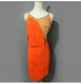 Neon orange rhinestones backless handmade luxury girls competition latin dance dresses women's ballroom dresses