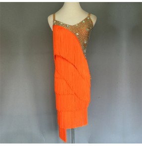 Neon orange rhinestones competition handmade custom size girls women's latin salsa dance dresses outfits costumes