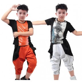 Neon orange silver white black sequins patchwork fashion boys kids children teen student competition hip hop modern dance harem tshirt  pants