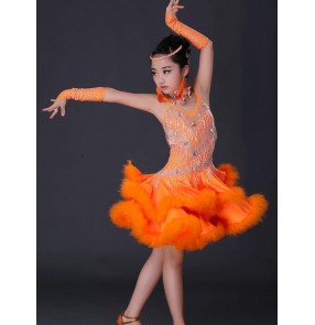 Neon orange white black feather handmade rhinestones luxury competition contest girls kids latin ballroom dance dresses