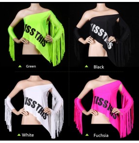 One inclined fringes tassels neon green fuchsia white black hot dance girls women's hip hop singer jazz performance dancing tops shirts