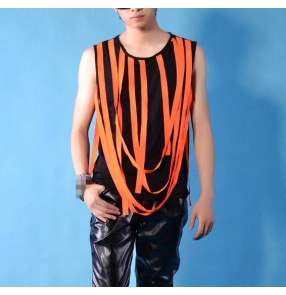 orange fringes black patchwork fashion men's male night club stage performance modern jazz pole dance hip hop dancing tops vests t shirt