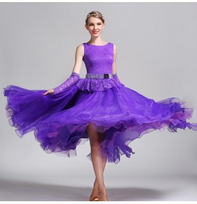 Peacock blue violet purple lace patchwork big skirted women's competition ballroom tango waltz dancing dresses skirts