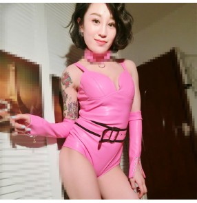 Pink colored pu leather fashion women's ladies jazz singer ds hot dancers performance party cosplay photos costumes bodysuits 