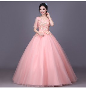 Pink coral half sleeves appliques embroidery women's ladies fashion modern dance stage performance party evening bridesmaid singers dancing long length dresses